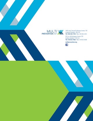 2405, boul. Fernand-Lafontaire, bureau 150
Longueuil (Québec) J4N 1N7
Tél. 450 442-7763 Téléc. 450 442-2332
979, av. de Bourgogne, bureau 570
Québec (Québec) G1W 2L4
Tél. 418 652-7682 Téléc. 418 652-9348
multiprevention.org
 
