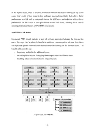 45
In this hybrid model, there is no cross pollination between the models running on any of the
cores. One benefit of this model is that architects can implement tasks that achieve better
performance on AMP such as task parallelism on the AMP cores and tasks that achieve better
performance on SMP such as data parallelism on the SMP cores, resulting in an overall
system performance than an AMP or SMP only system.
Supervised AMP Model
Supervised AMP Model includes a layer of software executing between the Oss and the
cores. The supervisor’s primarily benefit is additional communication software that allows
for improved system communication between the OSs running on the different cores. The
benefits of this model are:-
- Improving scalability for additional cores.
- Providing better system debugging between processes on different cores.
- Enabling reboot of individual cores on your system.
Supervised AMP Model
 