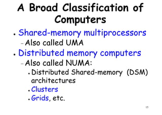A Broad Classification of
Computers
● Shared-memory multiprocessors
Also called UMA– Also called UMA
● Distributed memory computers
– Also called NUMA:
● Distributed Shared-memory (DSM)
architectures
15
architectures
● Clusters
● Grids, etc.
 