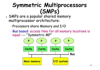 Symmetric Multiprocessors
(SMPs)
● SMPs are a popular shared memory
multiprocessor architecture:
– Processors share Memory and I/O
– Bus based: access time for all memory locations is
equal --- “Symmetric MP”
P P P P
24
Cache Cache Cache Cache
Main memory I/O system
Bus
 