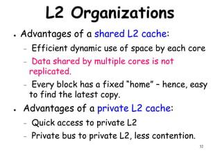 L2 Organizations
● Advantages of a shared L2 cache:
– Efficient dynamic use of space by each core– Efficient dynamic use of space by each core
– Data shared by multiple cores is not
replicated.
– Every block has a fixed “home” – hence, easy
to find the latest copy.
Advantages of a private L2 cache:
32
● Advantages of a private L2 cache:
– Quick access to private L2
– Private bus to private L2, less contention.
 