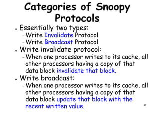Categories of Snoopy
Protocols
● Essentially two types:
– Write Invalidate Protocol
Write Broadcast Protocol
– Write Invalidate Protocol
– Write Broadcast Protocol
● Write invalidate protocol:
–When one processor writes to its cache, all
other processors having a copy of that
data block invalidate that block.
Write broadcast:
42
● Write broadcast:
– When one processor writes to its cache, all
other processors having a copy of that
data block update that block with the
recent written value.
 