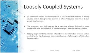 Loosely Coupled Systems
 An alternative model of microprocessor is the distributed memory or loosely
coupled system. Each processor element in a loosely coupled system has its own
private local memory.
 The processors are tied together by a switching scheme designed to route
information from one processor to another through a message-passing scheme.
 Loosely coupled systems are most efficient when the interaction between tasks is
minimal unlike tightly coupled systems can tolerate a higher degree of interaction
between tasks.
12/09/14 Arpan Baishya 14MCA0015
 