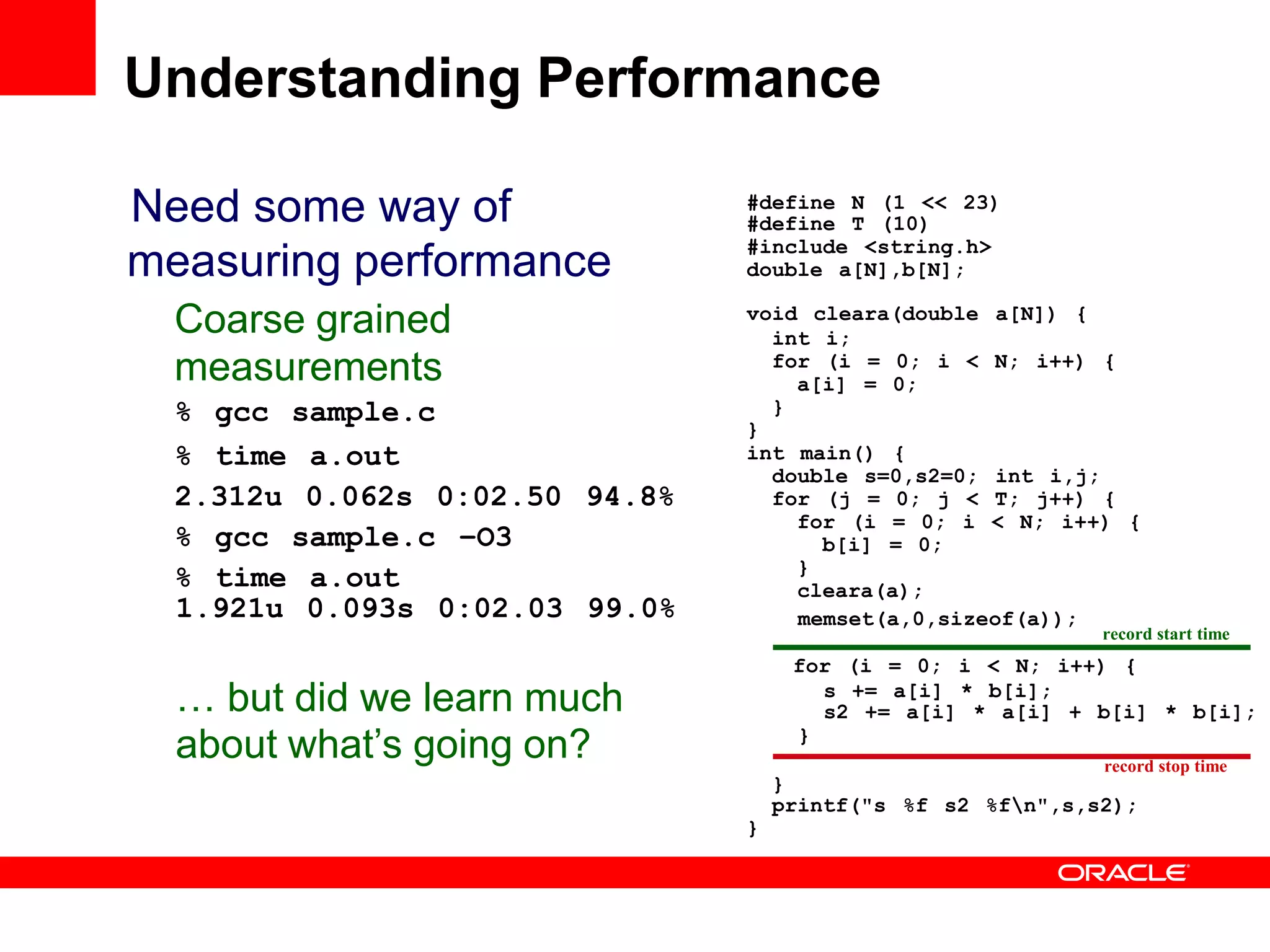 Need some way of
measuring performance
Coarse grained
measurements
% gcc sample.c
% time a.out
2.312u 0.062s 0:02.50 94.8%
% gcc sample.c –O3
% time a.out
1.921u 0.093s 0:02.03 99.0%
… but did we learn much
about what’s going on?
#define N (1 << 23)
#define T (10)
#include <string.h>
double a[N],b[N];
void cleara(double a[N]) {
int i;
for (i = 0; i < N; i++) {
a[i] = 0;
}
}
int main() {
double s=0,s2=0; int i,j;
for (j = 0; j < T; j++) {
for (i = 0; i < N; i++) {
b[i] = 0;
}
cleara(a);
memset(a,0,sizeof(a));
for (i = 0; i < N; i++) {
s += a[i] * b[i];
s2 += a[i] * a[i] + b[i] * b[i];
}
}
printf("s %f s2 %fn",s,s2);
}
record stop time
record start time
Understanding Performance
 