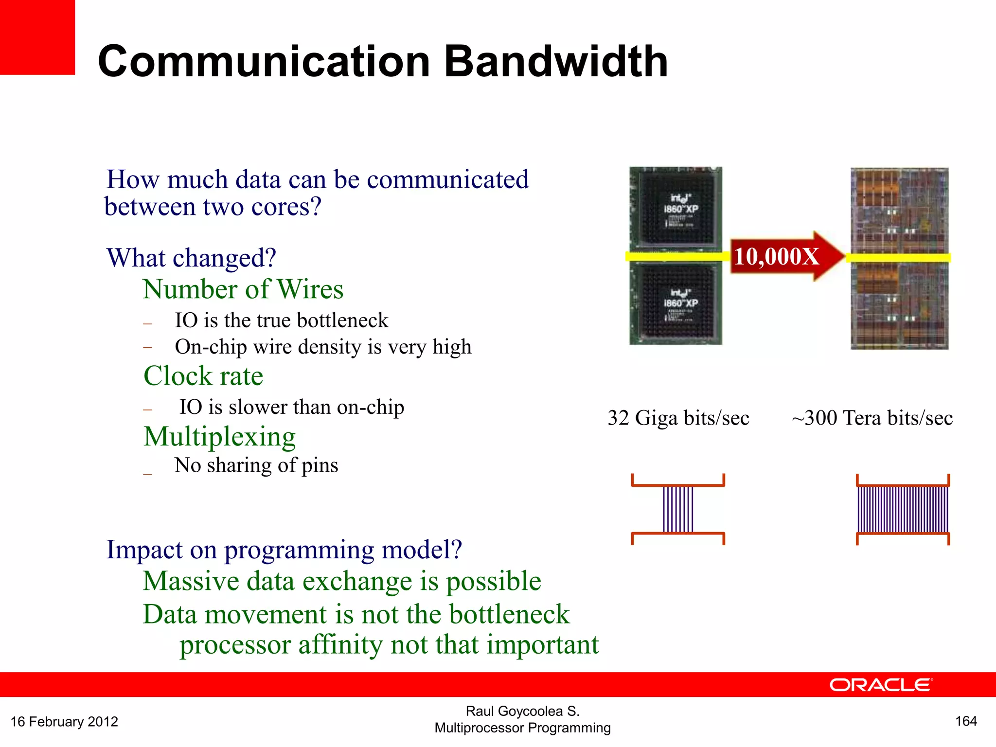 How much data can be communicated
between two cores?
What changed?
Number of Wires
–
–
IO is the true bottleneck
On-chip wire density is very high
Clock rate
– IO is slower than on-chip
Multiplexing
No sharing of pins–
Impact on programming model?
Massive data exchange is possible
Data movement is not the bottleneck
processor affinity not that important
32 Giga bits/sec ~300 Tera bits/sec
10,000X
Communication Bandwidth
Raul Goycoolea S.
Multiprocessor Programming 16416 February 2012
 
