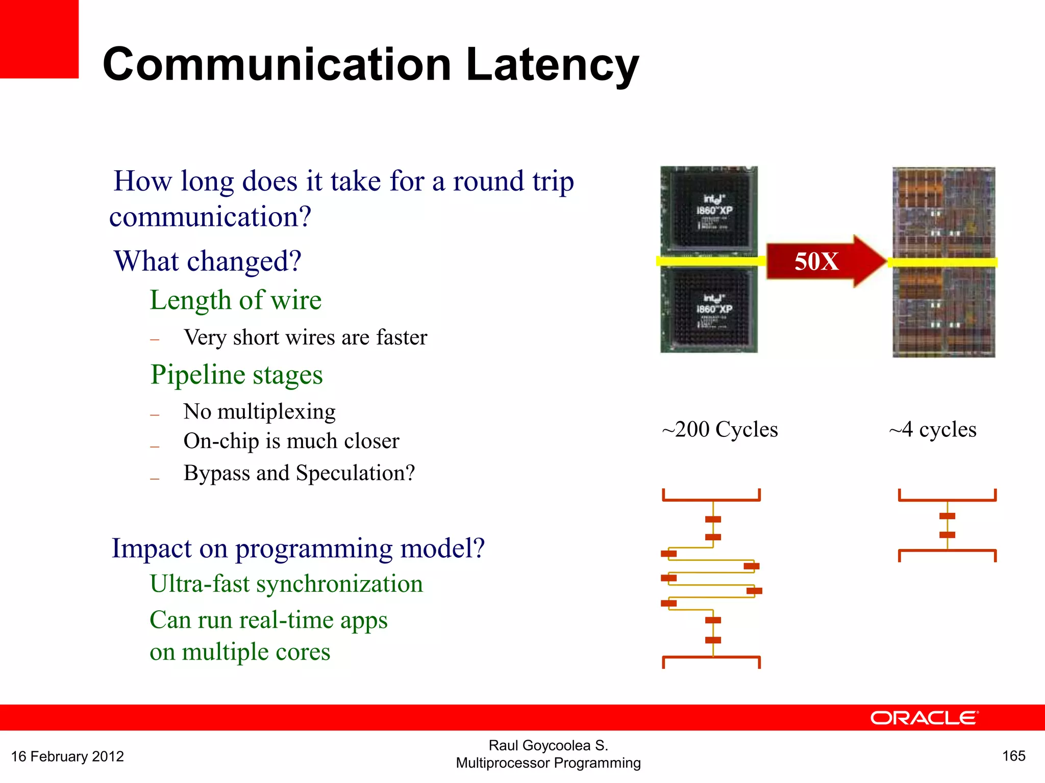 How long does it take for a round trip
communication?
What changed?
Length of wire
– Very short wires are faster
Pipeline stages
–
–
–
No multiplexing
On-chip is much closer
Bypass and Speculation?
Impact on programming model?
Ultra-fast synchronization
Can run real-time apps
on multiple cores
50X
~200 Cycles ~4 cycles
Communication Latency
Raul Goycoolea S.
Multiprocessor Programming 16516 February 2012
 