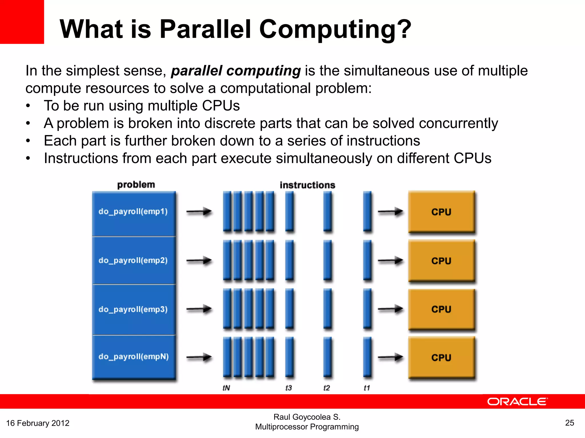 What is Parallel Computing?
In the simplest sense, parallel computing is the simultaneous use of multiple
compute resources to solve a computational problem:
• To be run using multiple CPUs
• A problem is broken into discrete parts that can be solved concurrently
• Each part is further broken down to a series of instructions
• Instructions from each part execute simultaneously on different CPUs
Raul Goycoolea S.
Multiprocessor Programming 2516 February 2012
 