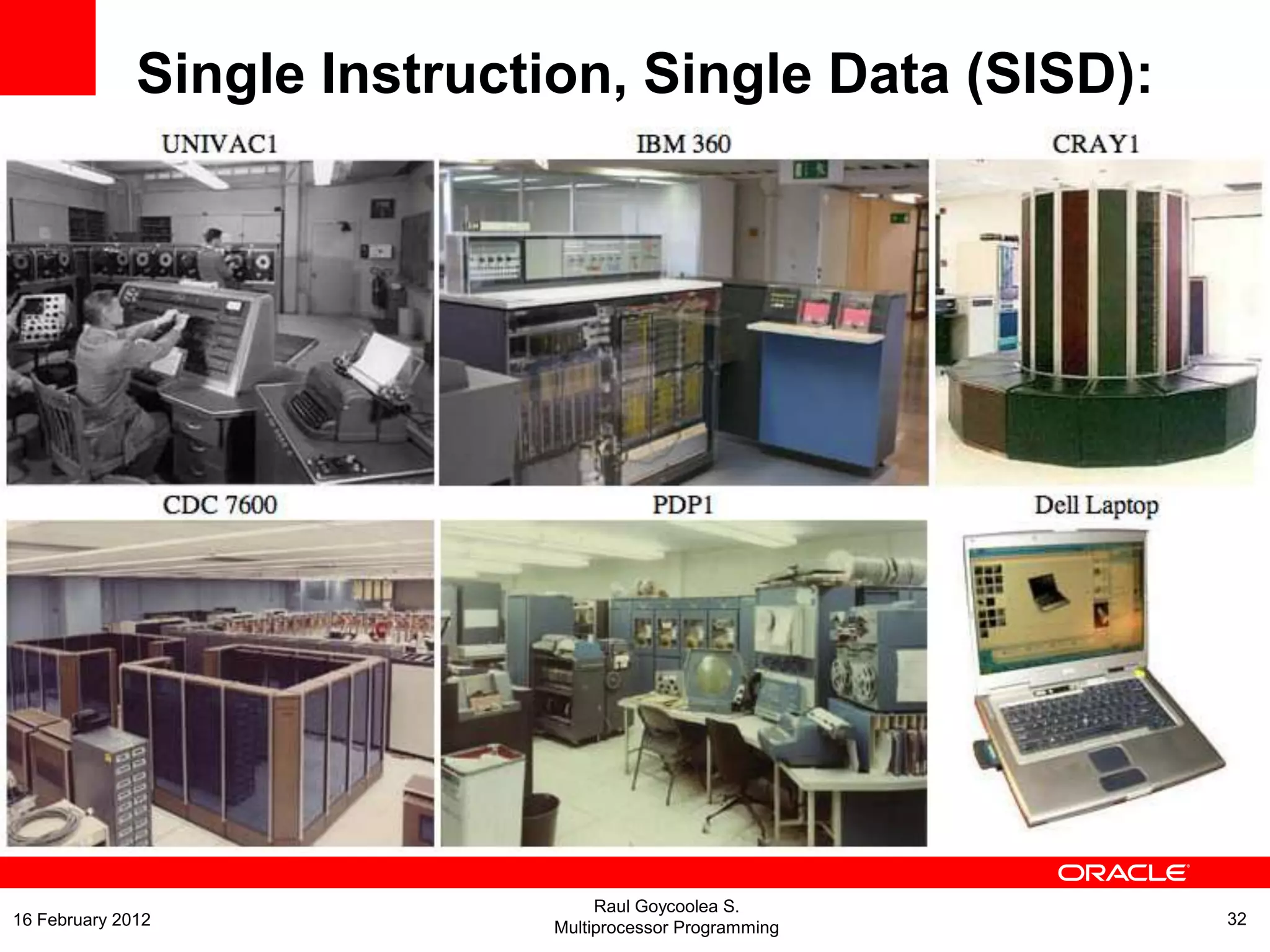 Single Instruction, Single Data (SISD):
Raul Goycoolea S.
Multiprocessor Programming 3216 February 2012
 