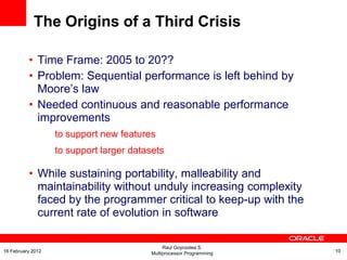 The Origins of a Third Crisis
• Time Frame: 2005 to 20??
• Problem: Sequential performance is left behind by
Moore’s law
• Needed continuous and reasonable performance
improvements
to support new features
to support larger datasets
• While sustaining portability, malleability and
maintainability without unduly increasing complexity
faced by the programmer critical to keep-up with the
current rate of evolution in software
Raul Goycoolea S.
Multiprocessor Programming 1016 February 2012
 
