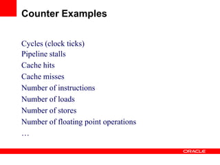Cycles (clock ticks)
Pipeline stalls
Cache hits
Cache misses
Number of instructions
Number of loads
Number of stores
Number of floating point operations
…
Counter Examples
 