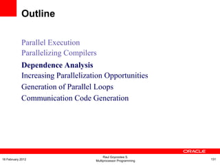 Parallel Execution
Parallelizing Compilers
Dependence Analysis
Increasing Parallelization Opportunities
Generation of Parallel Loops
Communication Code Generation
Outline
Raul Goycoolea S.
Multiprocessor Programming 13116 February 2012
 