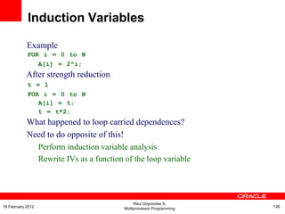 Example
FOR i = 0 to N
A[i] = 2^i;
After strength reduction
t = 1
FOR i = 0 to N
A[i] = t;
t = t*2;
What happened to loop carried dependences?
Need to do opposite of this!
Perform induction variable analysis
Rewrite IVs as a function of the loop variable
Induction Variables
Raul Goycoolea S.
Multiprocessor Programming 13916 February 2012
 