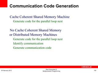 Cache Coherent Shared Memory Machine
Generate code for the parallel loop nest
No Cache Coherent Shared Memory
or Distributed Memory Machines
Generate code for the parallel loop nest
Identify communication
Generate communication code
Communication Code Generation
Raul Goycoolea S.
Multiprocessor Programming 14216 February 2012
 