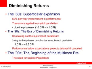 Diminishing Returns
• The ’80s: Superscalar expansion
50% per year improvement in performance
Transistors applied to implicit parallelism
- pipeline processor (10 CPI --> 1 CPI)
• The ’90s: The Era of Diminishing Returns
Squeaking out the last implicit parallelism
2-way to 6-way issue, out-of-order issue, branch prediction
1 CPI --> 0.5 CPI
Performance below expectations projects delayed & canceled
• The ’00s: The Beginning of the Multicore Era
The need for Explicit Parallelism
Raul Goycoolea S.
Multiprocessor Programming 1916 February 2012
 