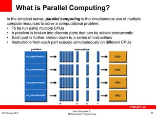 What is Parallel Computing?
In the simplest sense, parallel computing is the simultaneous use of multiple
compute resources to solve a computational problem:
• To be run using multiple CPUs
• A problem is broken into discrete parts that can be solved concurrently
• Each part is further broken down to a series of instructions
• Instructions from each part execute simultaneously on different CPUs
Raul Goycoolea S.
Multiprocessor Programming 2516 February 2012
 