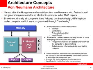 Architecture Concepts
Von Neumann Architecture
• Named after the Hungarian mathematician John von Neumann who first authored
the general requirements for an electronic computer in his 1945 papers
• Since then, virtually all computers have followed this basic design, differing from
earlier computers which were programmed through "hard wiring”
• Comprised of four main components:
• Memory
• Control Unit
• Arithmetic Logic Unit
• Input/Output
• Read/write, random access memory is used to store
both program instructions and data
• Program instructions are coded data which tell
the computer to do something
• Data is simply information to be used by the
program
• Control unit fetches instructions/data from memory, decodes
the instructions and then sequentially coordinates operations
to accomplish the programmed task.
• Aritmetic Unit performs basic arithmetic operations
• Input/Output is the interface to the human operator
Raul Goycoolea S.
Multiprocessor Programming 2916 February 2012
 