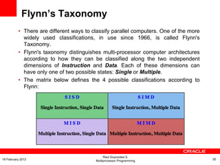 Flynn’s Taxonomy
• There are different ways to classify parallel computers. One of the more
widely used classifications, in use since 1966, is called Flynn's
Taxonomy.
• Flynn's taxonomy distinguishes multi-processor computer architectures
according to how they can be classified along the two independent
dimensions of Instruction and Data. Each of these dimensions can
have only one of two possible states: Single or Multiple.
• The matrix below defines the 4 possible classifications according to
Flynn:
Raul Goycoolea S.
Multiprocessor Programming 3016 February 2012
 