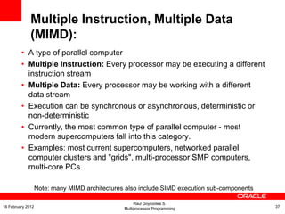 • A type of parallel computer
• Multiple Instruction: Every processor may be executing a different
instruction stream
• Multiple Data: Every processor may be working with a different
data stream
• Execution can be synchronous or asynchronous, deterministic or
non-deterministic
• Currently, the most common type of parallel computer - most
modern supercomputers fall into this category.
• Examples: most current supercomputers, networked parallel
computer clusters and "grids", multi-processor SMP computers,
multi-core PCs.
Note: many MIMD architectures also include SIMD execution sub-components
Multiple Instruction, Multiple Data
(MIMD):
Raul Goycoolea S.
Multiprocessor Programming 3716 February 2012
 