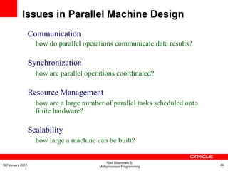 Communication
how do parallel operations communicate data results?
Synchronization
how are parallel operations coordinated?
Resource Management
how are a large number of parallel tasks scheduled onto
finite hardware?
Scalability
how large a machine can be built?
Issues in Parallel Machine Design
Raul Goycoolea S.
Multiprocessor Programming 4416 February 2012
 