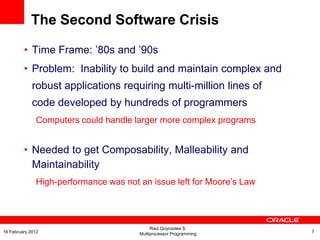 The Second Software Crisis
• Time Frame: ’80s and ’90s
• Problem: Inability to build and maintain complex and
robust applications requiring multi-million lines of
code developed by hundreds of programmers
Computers could handle larger more complex programs
• Needed to get Composability, Malleability and
Maintainability
High-performance was not an issue left for Moore’s Law
Raul Goycoolea S.
Multiprocessor Programming 716 February 2012
 