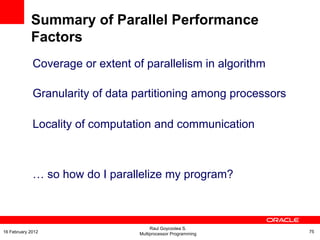 Coverage or extent of parallelism in algorithm
Granularity of data partitioning among processors
Locality of computation and communication
… so how do I parallelize my program?
Summary of Parallel Performance
Factors
Raul Goycoolea S.
Multiprocessor Programming 7516 February 2012
 