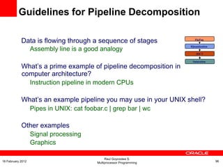 Data is flowing through a sequence of stages
Assembly line is a good analogy
What’s a prime example of pipeline decomposition in
computer architecture?
Instruction pipeline in modern CPUs
What’s an example pipeline you may use in your UNIX shell?
Pipes in UNIX: cat foobar.c | grep bar | wc
Other examples
Signal processing
Graphics
ZigZag
IQuantization
IDCT
Saturation
Guidelines for Pipeline Decomposition
Raul Goycoolea S.
Multiprocessor Programming 9616 February 2012
 