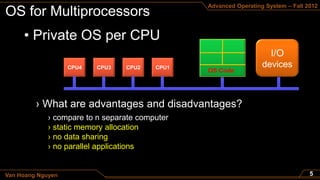 Advanced Operating System – Fall 2012




                                          OS Code




             › static memory allocation
             › no data sharing
             › no parallel applications


Van Hoang Nguyen
 