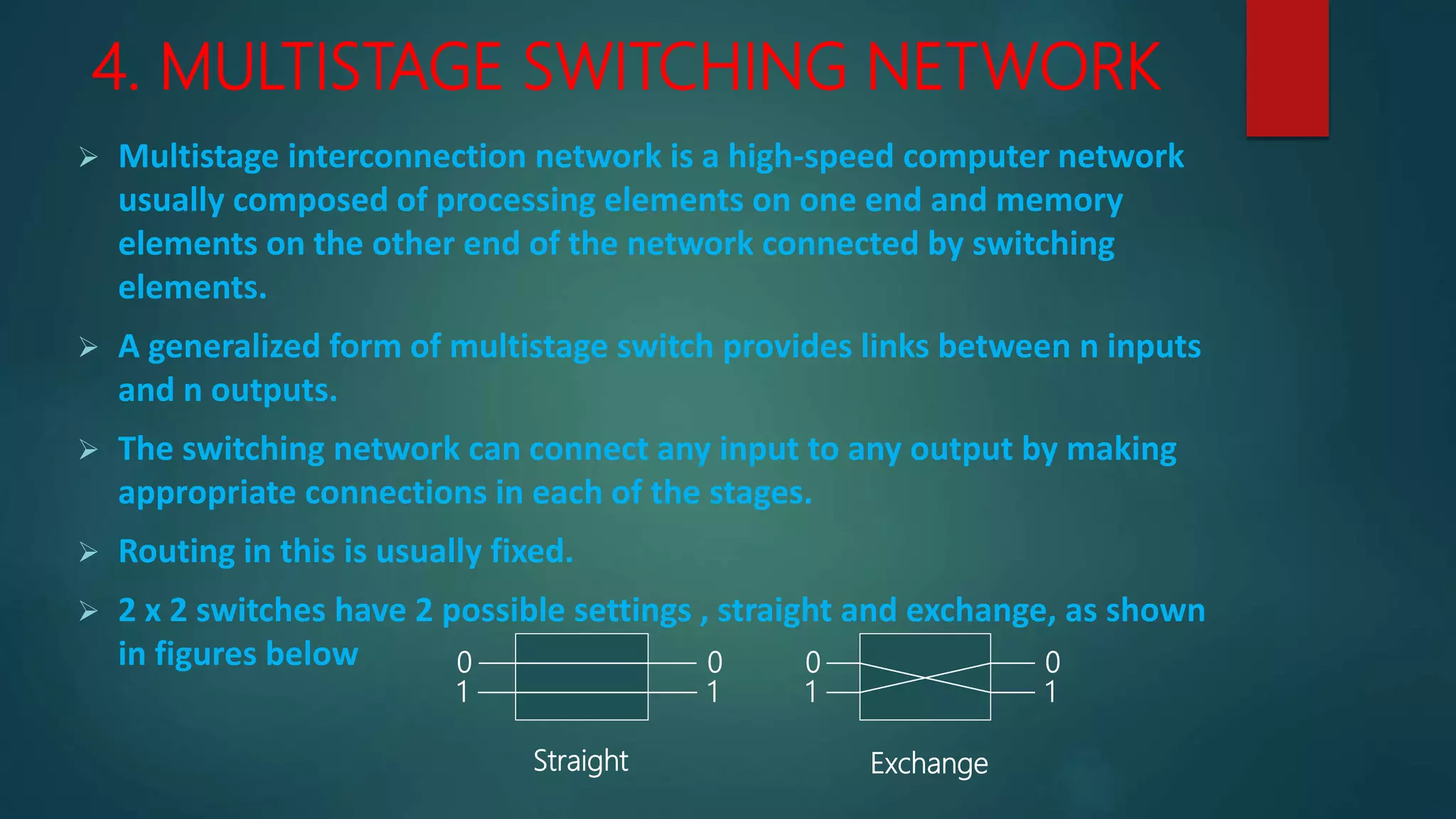 4. MULTISTAGE SWITCHING NETWORK
 Multistage interconnection network is a high-speed computer network
usually composed of processing elements on one end and memory
elements on the other end of the network connected by switching
elements.
 A generalized form of multistage switch provides links between n inputs
and n outputs.
 The switching network can connect any input to any output by making
appropriate connections in each of the stages.
 Routing in this is usually fixed.
 2 x 2 switches have 2 possible settings , straight and exchange, as shown
in figures below 0
1
0
1
Straight
0
1
0
1
Exchange
 