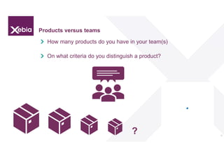 Products versus teams
How many products do you have in your team(s)
On what criteria do you distinguish a product?
18
?
 