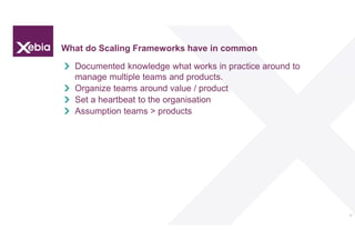 What do Scaling Frameworks have in common
Documented knowledge what works in practice around to
manage multiple teams and ...