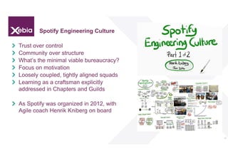 Spotify Engineering Culture
Trust over control
Community over structure
What’s the minimal viable bureaucracy?
Focus on mo...