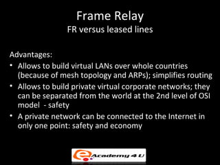 Frame Relay
                FR versus leased lines

Advantages:
• Allows to build virtual LANs over whole countries
  (because of mesh topology and ARPs); simplifies routing
• Allows to build private virtual corporate networks; they
  can be separated from the world at the 2nd level of OSI
  model - safety
• A private network can be connected to the Internet in
  only one point: safety and economy
 
