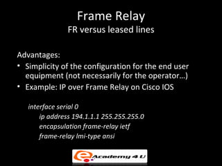 Frame Relay
               FR versus leased lines

Advantages:
• Simplicity of the configuration for the end user
  equipment (not necessarily for the operator…)
• Example: IP over Frame Relay on Cisco IOS

   interface serial 0
       ip address 194.1.1.1 255.255.255.0
       encapsulation frame-relay ietf
       frame-relay lmi-type ansi
 
