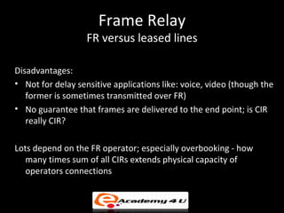 Frame Relay
                   FR versus leased lines

Disadvantages:
• Not for delay sensitive applications like: voice, video (though the
   former is sometimes transmitted over FR)
• No guarantee that frames are delivered to the end point; is CIR
   really CIR?

Lots depend on the FR operator; especially overbooking - how
   many times sum of all CIRs extends physical capacity of
   operators connections
 