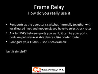 Frame Relay
                    How do you really use it

• Rent ports at the operator’s switches (normally together with
  local leased lines and modems); you have to select clock rates
• Ask for PVCs between ports you want; it can be your ports,
  ports on publicly available devices, like border router
• Configure your FRADs - see Cisco example

Isn’t it simple??
 
