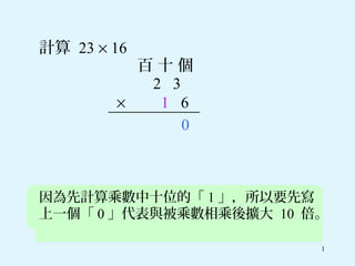 計算 23 × 16
          百十個
           2 3
        ×   1 6
               0



因為先計算乘數中十位的「 1 」，所以要先寫
上一個「 0 」代表與被乘數相乘後擴大 10 倍。

                        1
 