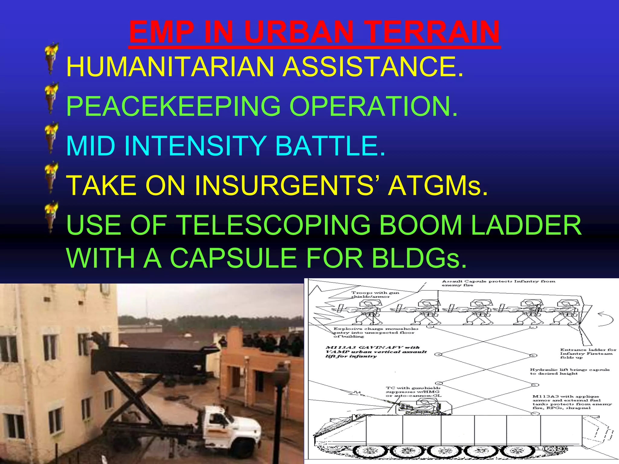 EMP IN URBAN TERRAIN
HUMANITARIAN ASSISTANCE.
PEACEKEEPING OPERATION.
MID INTENSITY BATTLE.
TAKE ON INSURGENTS’ ATGMs.
USE OF TELESCOPING BOOM LADDER
WITH A CAPSULE FOR BLDGs.
 