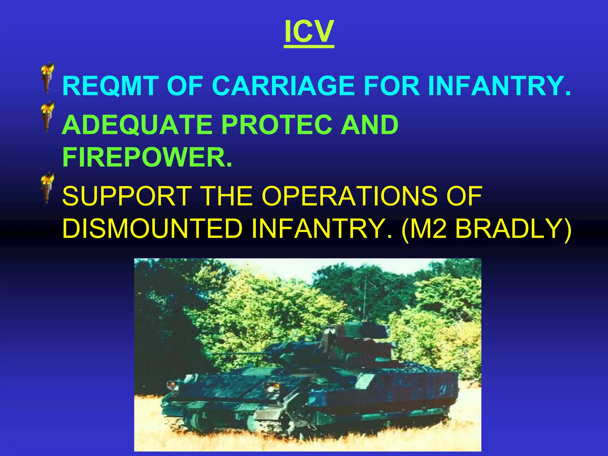 ICV
REQMT OF CARRIAGE FOR INFANTRY.
ADEQUATE PROTEC AND
FIREPOWER.
SUPPORT THE OPERATIONS OF
DISMOUNTED INFANTRY. (M2 BRADLY)
 