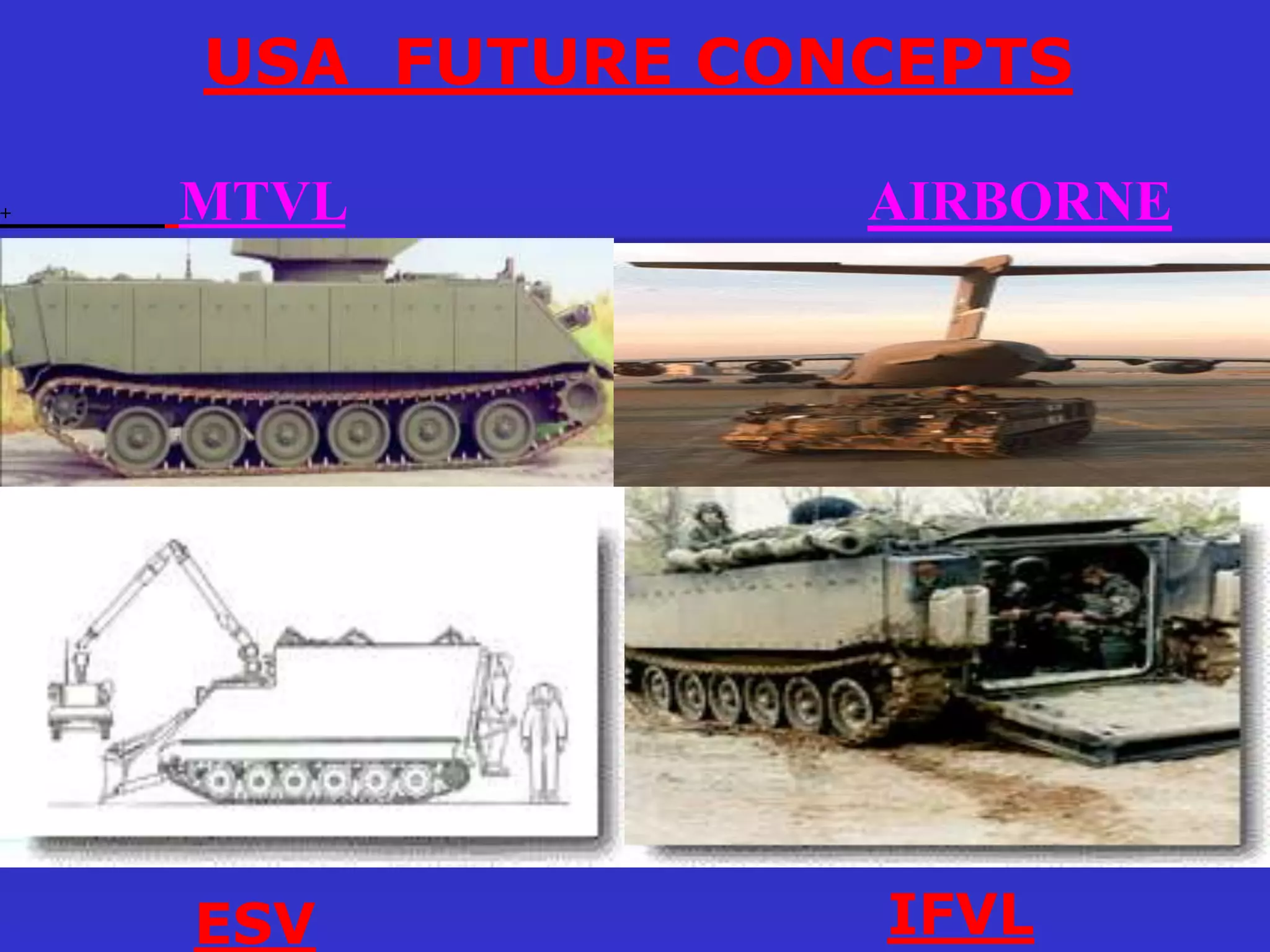 USA FUTURE CONCEPTS

+   MTVL          AIRBORNE




    ESV           IFVL
 