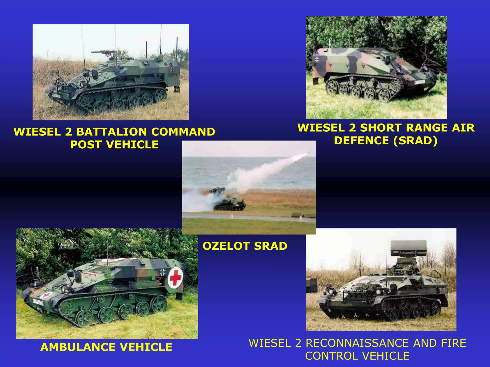 WIESEL 2 BATTALION COMMAND            WIESEL 2 SHORT RANGE AIR
        POST VEHICLE                      DEFENCE (SRAD)




                        OZELOT SRAD




   AMBULANCE VEHICLE         WIESEL 2 RECONNAISSANCE AND FIRE
                                      CONTROL VEHICLE
 