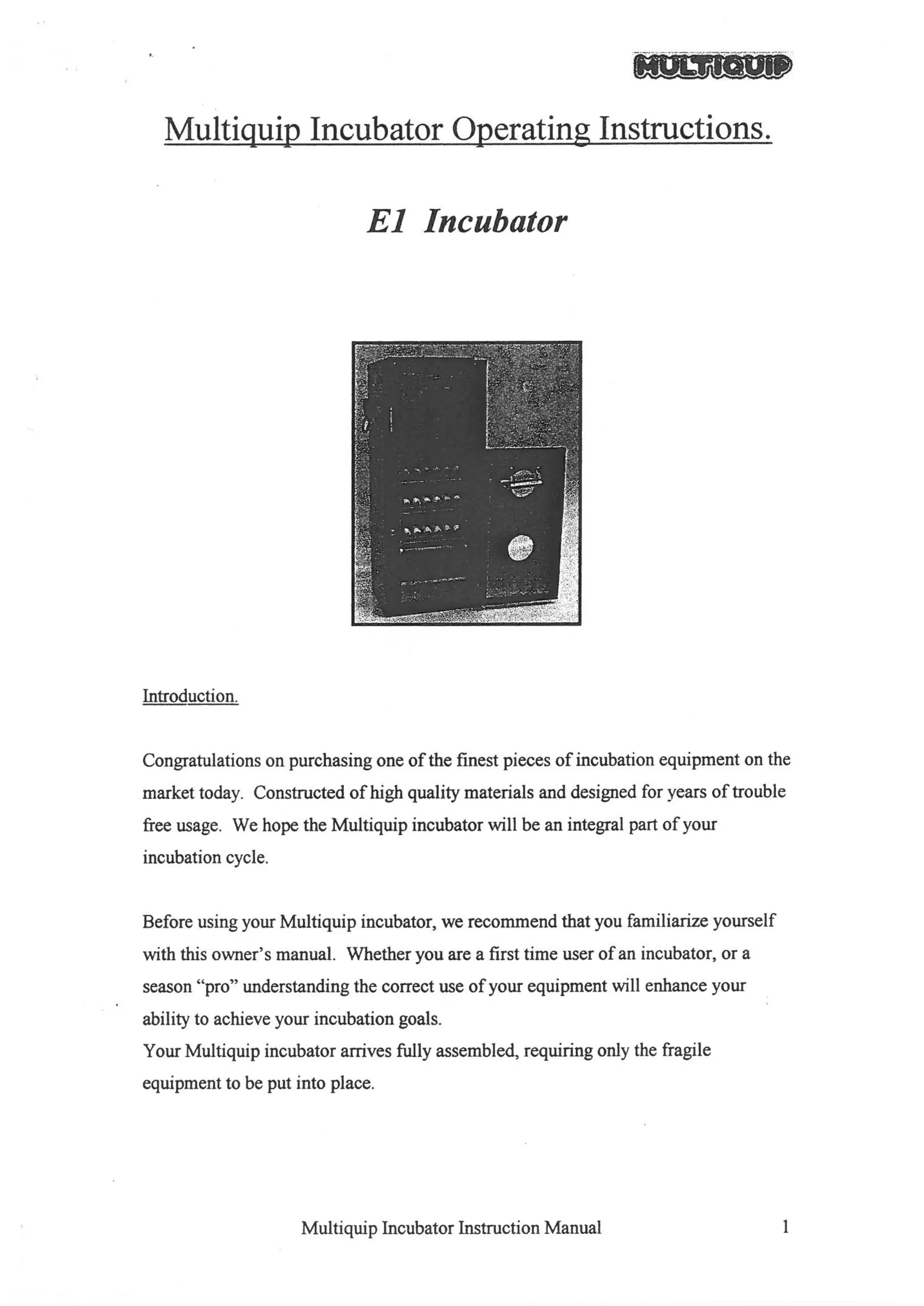 Multiquip E1 Incubator manual old product no longer available PDF