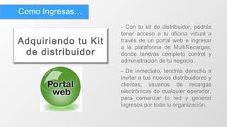 - Con tu kit de distribuidor, podrás tener acceso a tu oficina virtual a través de un portal web e ingresar a la plataforma de MultiRecargas,   donde tendrás completo control y administración de tu negocio. - De inmediato, tendrás derecho a invitar a tus nuevos distribuidores y clientes, usuarios de recargas electrónicas de cualquier operador, para comenzar tu red y generar ingresos por toda tu organización.   Entonces… Como Ingresas… Adquiriendo tu Kit de distribuidor 