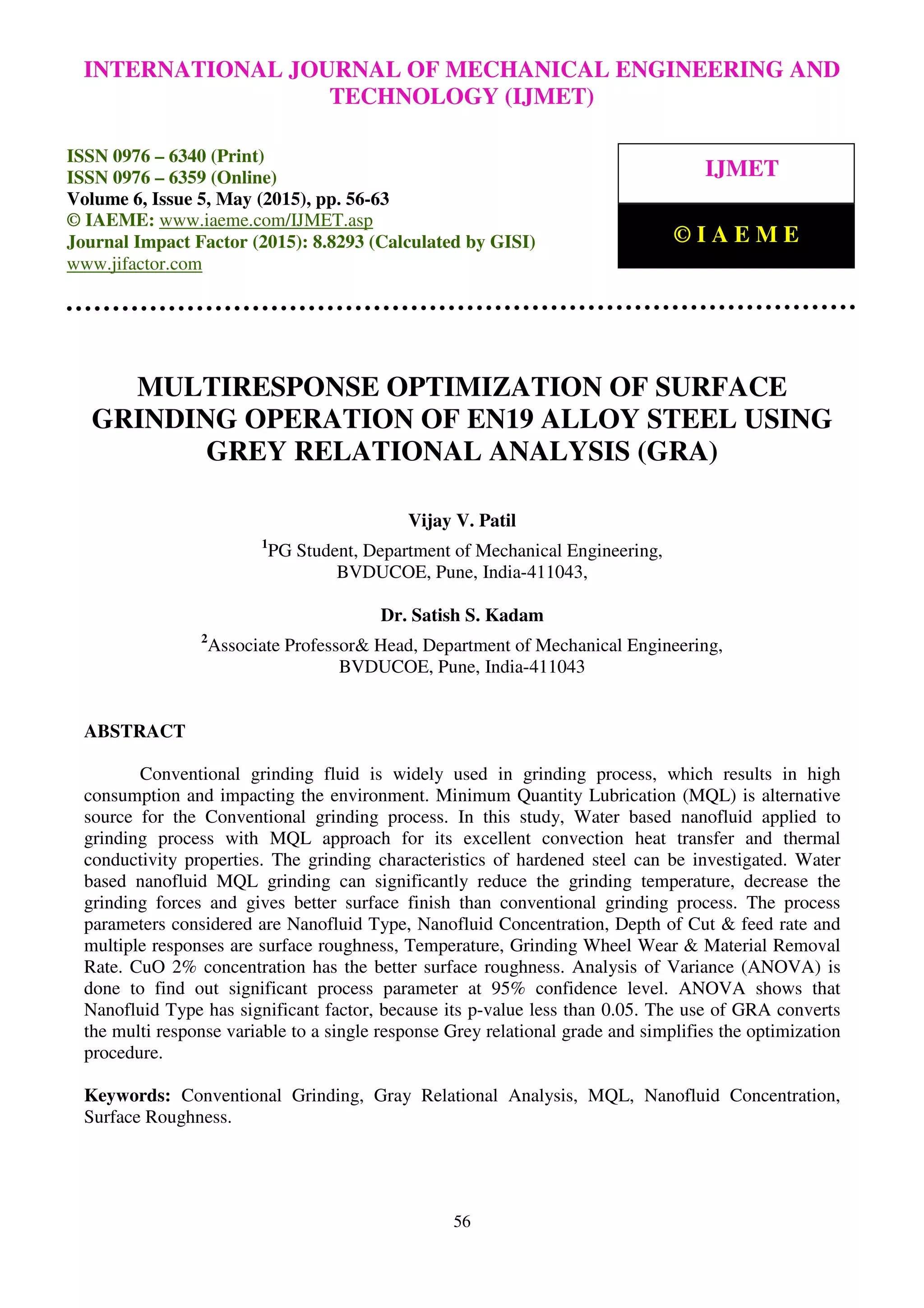 Multiresponse optimization of surface grinding operation of en19 alloy