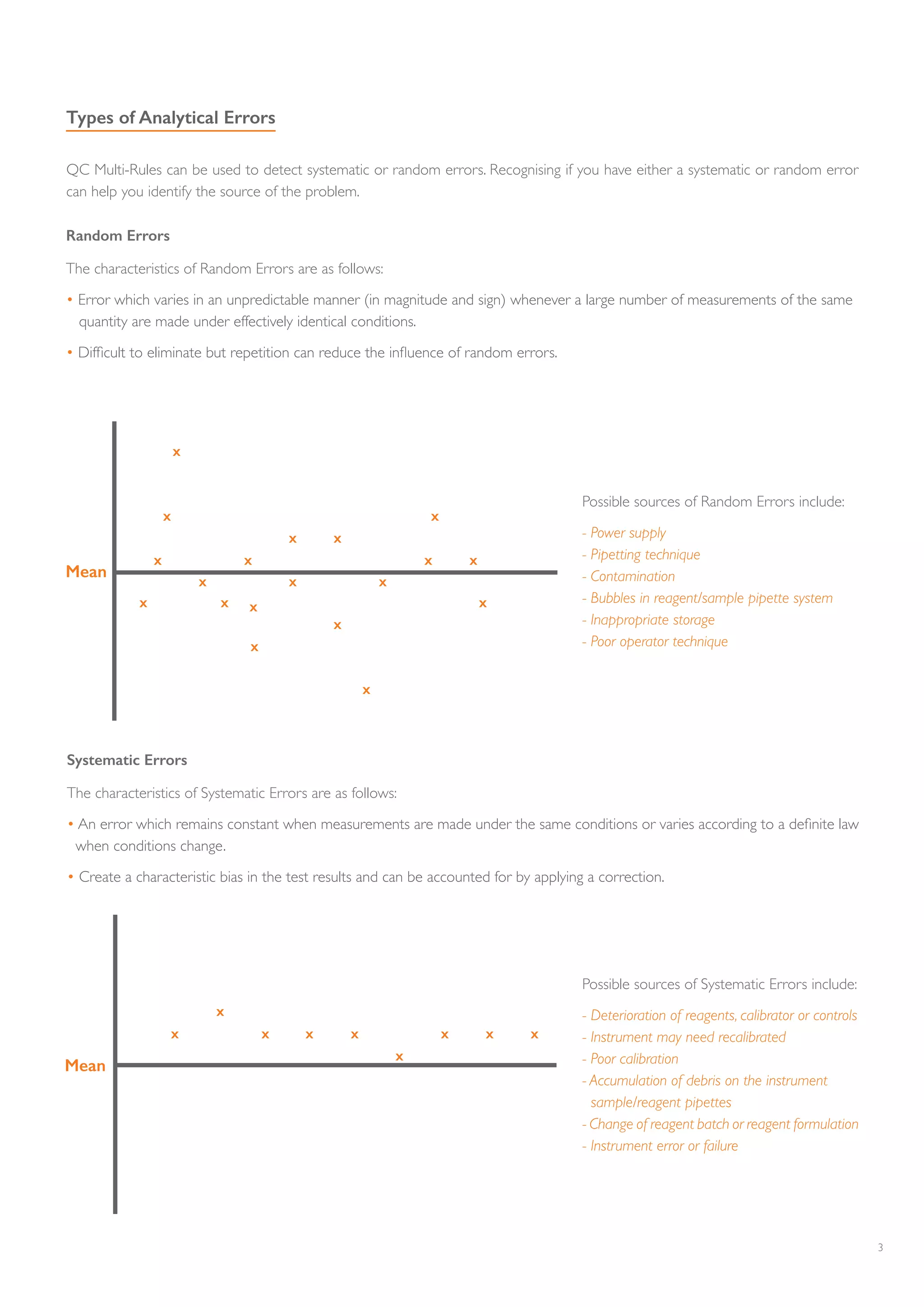 3
Random Errors
The characteristics of Random Errors are as follows:
• Error which varies in an unpredictable manner (in magnitude and sign) whenever a large number of measurements of the same
quantity are made under effectively identical conditions.
• Difficult to eliminate but repetition can reduce the influence of random errors.
Types of Analytical Errors
Possible sources of Random Errors include:
- Power supply
- Pipetting technique
- Contamination
- Bubbles in reagent/sample pipette system
- Inappropriate storage
- Poor operator technique
QC Multi-Rules can be used to detect systematic or random errors. Recognising if you have either a systematic or random error
can help you identify the source of the problem.
Systematic Errors
The characteristics of Systematic Errors are as follows:
• An error which remains constant when measurements are made under the same conditions or varies according to a definite law
when conditions change.
• Create a characteristic bias in the test results and can be accounted for by applying a correction.
Possible sources of Systematic Errors include:
- Deterioration of reagents, calibrator or controls
- Instrument may need recalibrated
- Poor calibration
- Accumulation of debris on the instrument
sample/reagent pipettes
- Change of reagent batch or reagent formulation
- Instrument error or failure
 