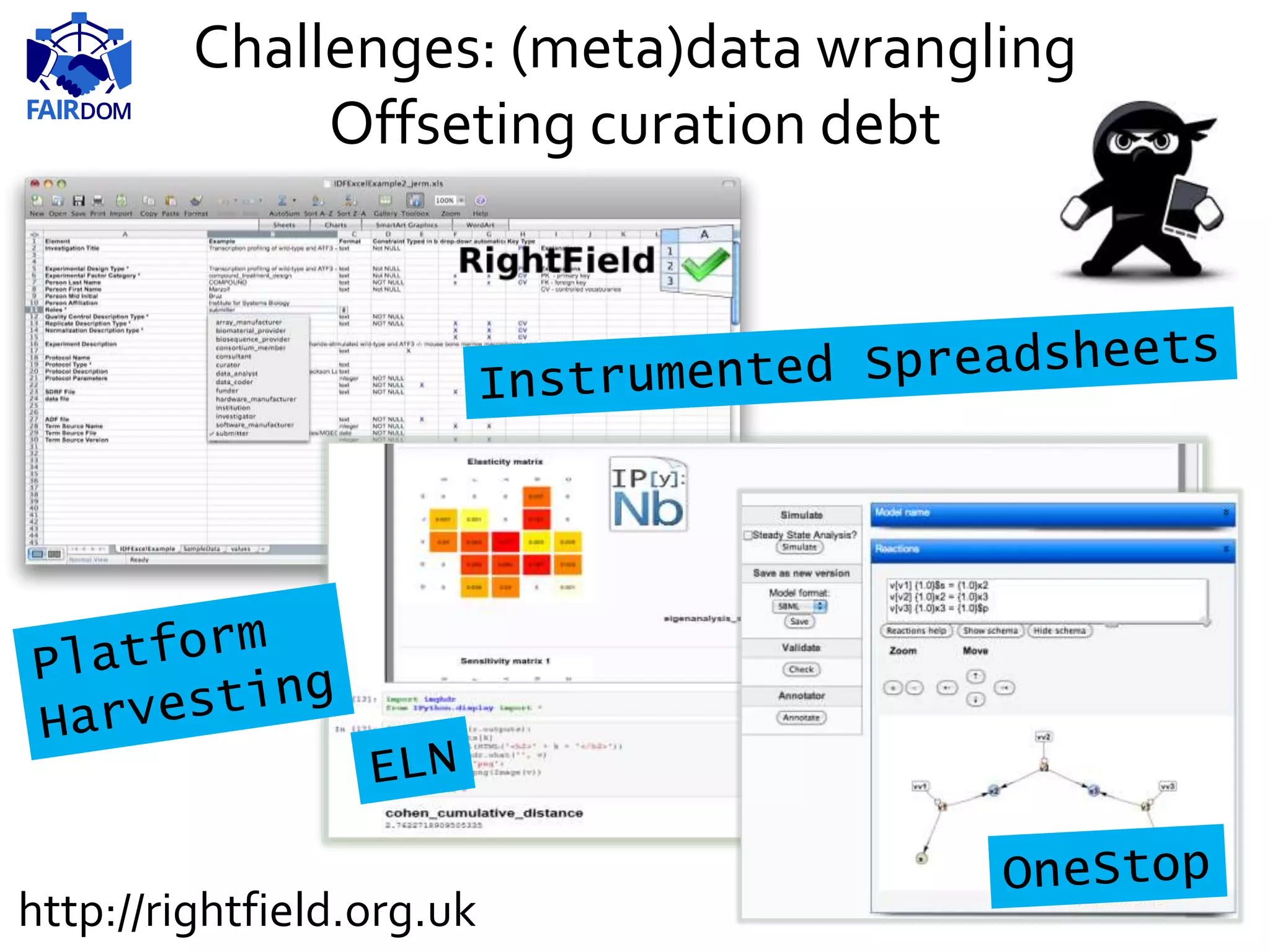 Challenges: (meta)data wrangling
Offseting curation debt
http://rightfield.org.uk
 