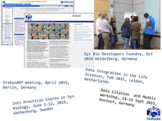 Sys Bio Developers Foundry, Oct
2014 Heidelberg, Germany
EraSysAPP meeting, April 2015,
Berlin, Germany
 