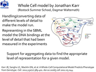 Handling/converting data of
different levels of detail to
make the model run.
Representing in the SBML
model the DNA bindings at the
level of detail that had been
measured in the experiments
Whole Cell model by Jonathan Karr
(Rostock Summer School, DagmarWaltemath)
Support for aggregating data to find the appropriate
level of representation for a given model.
Karr JR, Sanghvi JC, Macklin DN, et al. AWhole-Cell Computational Model Predicts Phenotype
from Genotype. Cell. 2012;150(2):389-401. doi:10.1016/j.cell.2012.05.044.
 