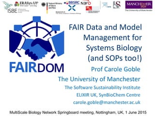 FAIR Data and Model
Management for
Systems Biology
(and SOPs too!)
Prof Carole Goble
The University of Manchester
The Software Sustainability Institute
ELIXIR UK, SynBioChem Centre
carole.goble@manchester.ac.uk
MultiScale Biology Network Springboard meeting, Nottingham, UK, 1 June 2015
 