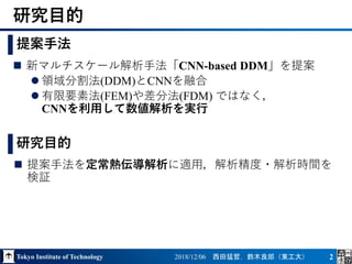 Tokyo Institute of Technology 2018/12/06 西田猛哲，鈴木良郎（東工大） 2
研究目的
 新マルチスケール解析手法「CNN-based DDM」を提案
 領域分割法(DDM)とCNNを融合
 有限要素法(FEM)や差分法(FDM) ではなく，
CNNを利用して数値解析を実行
提案手法
 提案手法を定常熱伝導解析に適用，解析精度・解析時間を
検証
研究目的
 