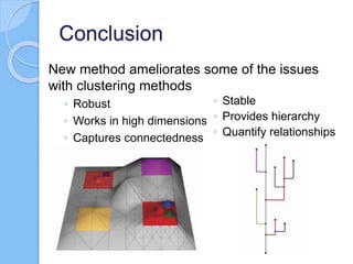Conclusion
New method ameliorates some of the issues
with clustering methods
◦ Robust
◦ Works in high dimensions
◦ Captures connectedness
◦ Stable
◦ Provides hierarchy
◦ Quantify relationships
 